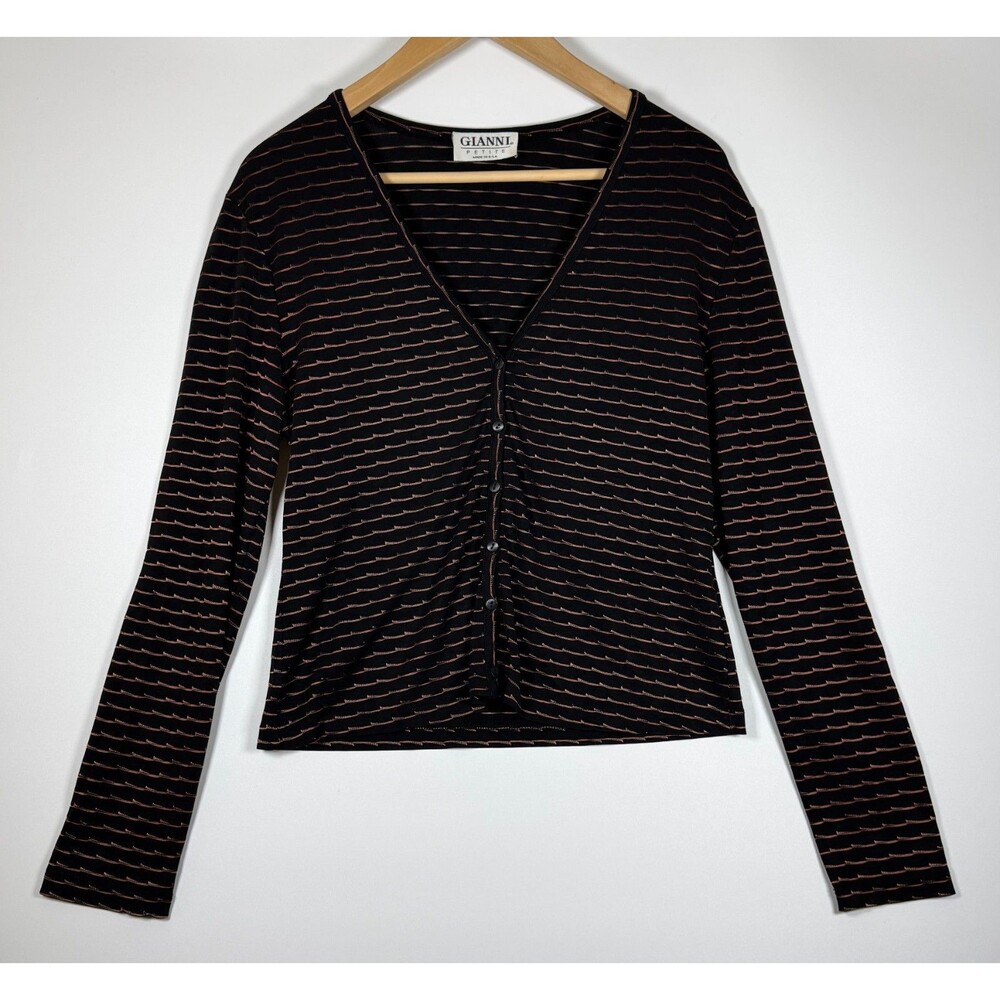 Gianni Petite Cardigan Women Large Black Striped Cropped USA Made Minimalist 90s